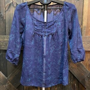 Inked & Faded Pleated Top XL Blue Peasant Elastic Hem Sleeve Boho Floral Paisley